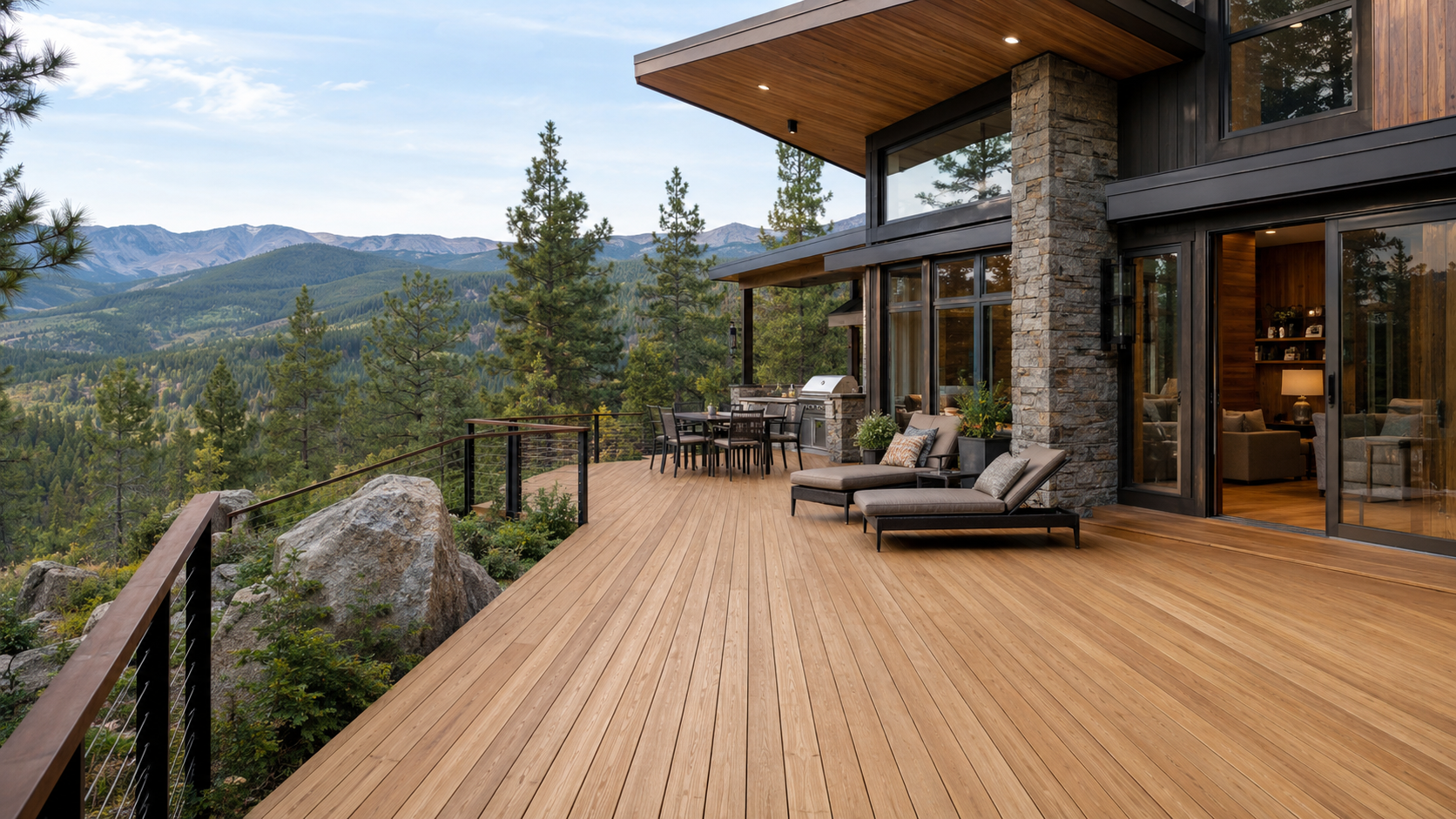 Modern mountain home with a CVP pine deck overlooking a pine-covered valley.