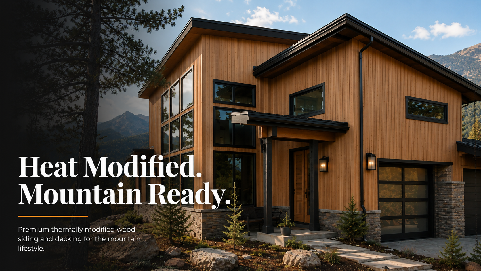 Modern mountain home clad in warm thermally modified wood.